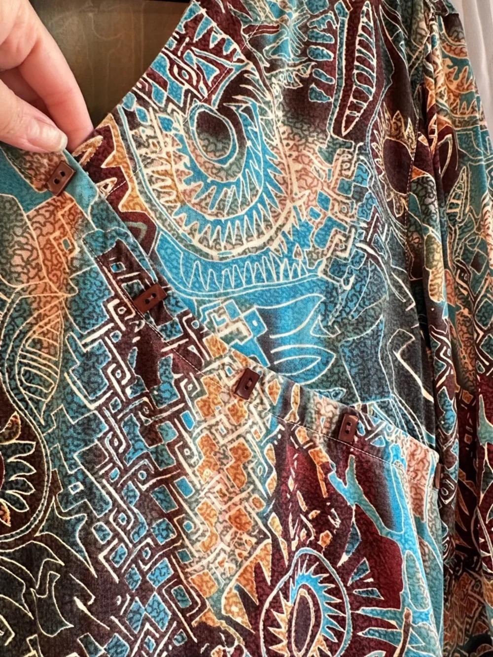 Tianello Soul of Africa Diva Abstract V-Neck Blouse in Teal and Brown size M - Picture 4 of 11